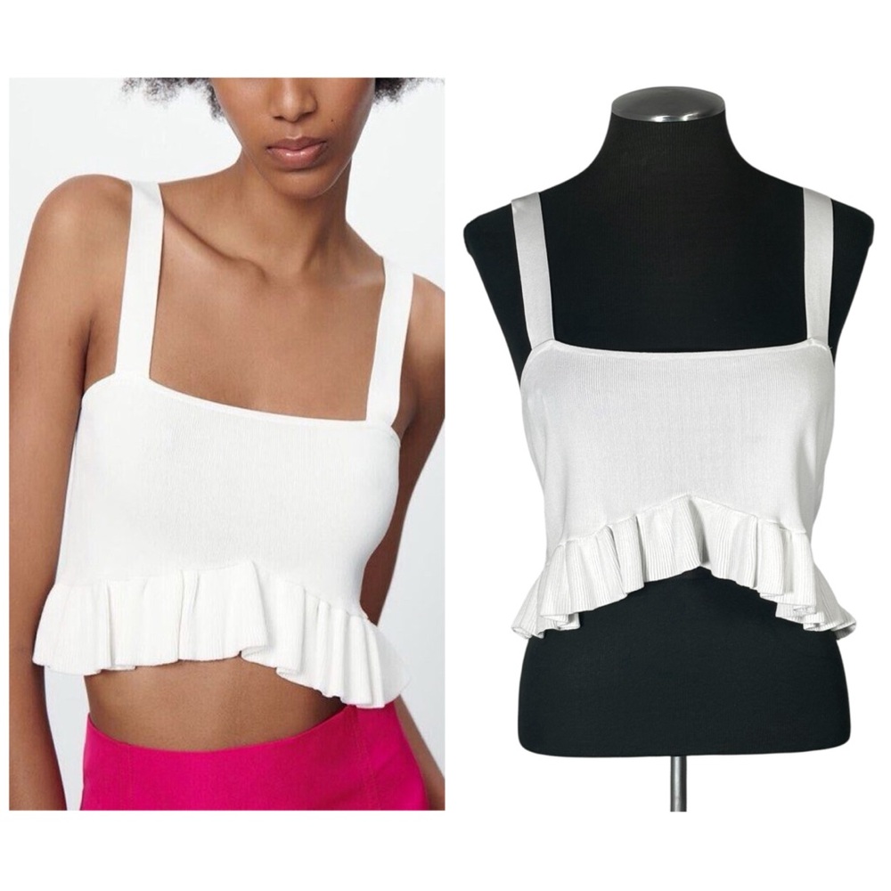 Zara – White Ruffle Square Neck Sleeveless Knit Stretch Crop Top – Large